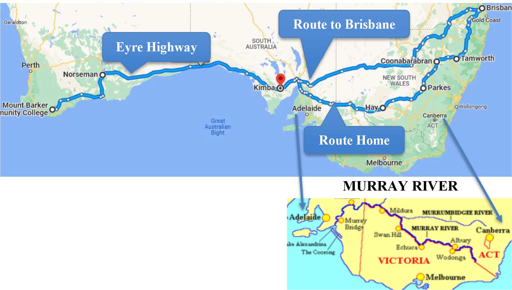 Two maps showing the routes from Mount Barker to Brisbane on the way there and following the Murray River on the way back